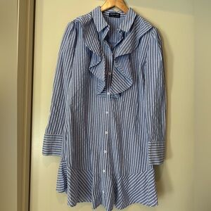 The Fifth Label Blue and White Striped Ruffle-Trim Blouse
